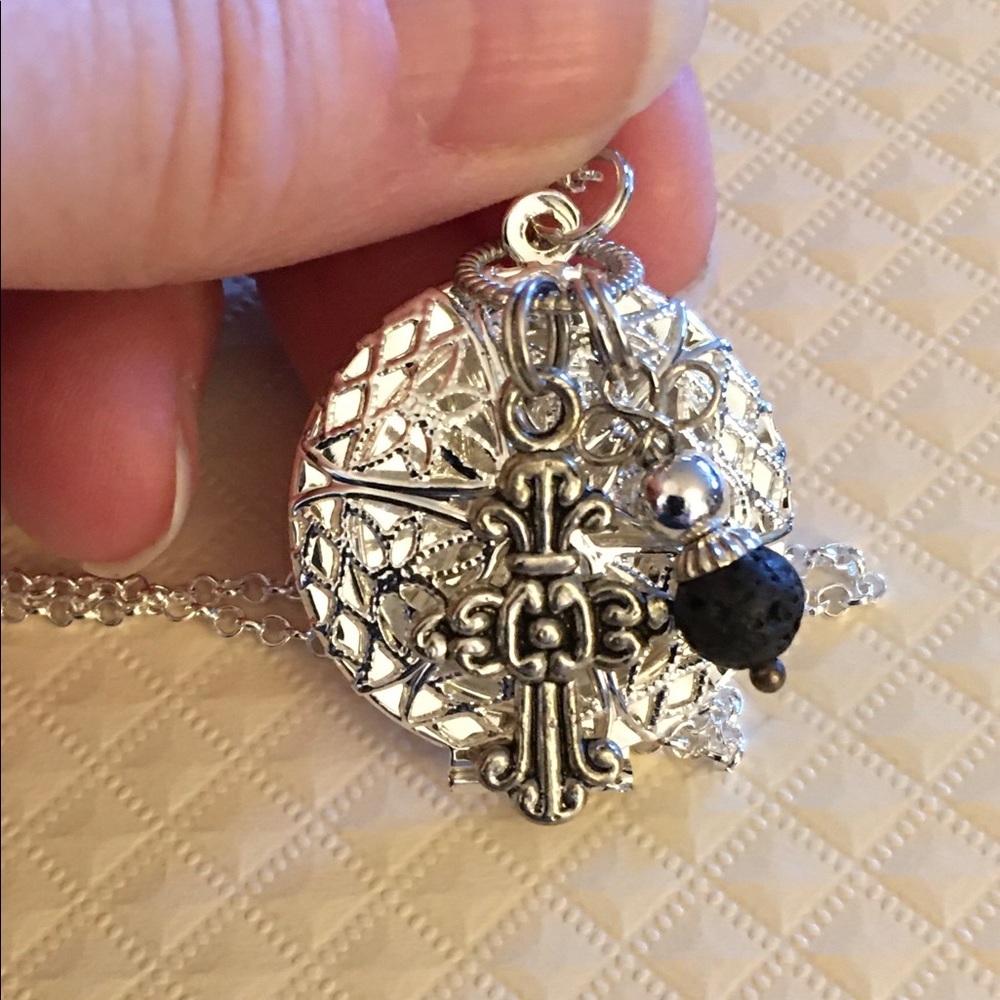 Cross/Essential Oil Lava Ball 20" Chain Silver Locket 1 " Round Opens & closes